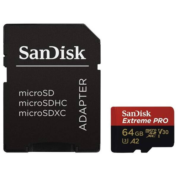 Paměťová karta SANDISK 64GB A2 C10 V30 UHS-I (170R/90W) + adapter 

