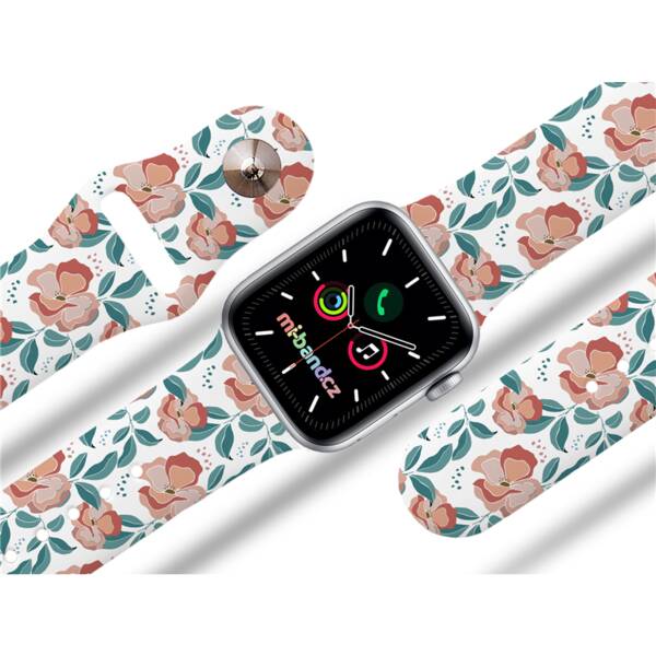 Řemínek Mi-Band na Apple Watch 42/44/45/49 mm - motiv Červené květiny, bílý 

