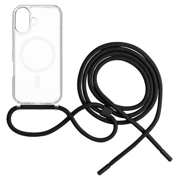 Kryt na mobil FIXED MagPure Neck s černou šňůrkou na krk na Apple iPhone 16 Plus průhledný

