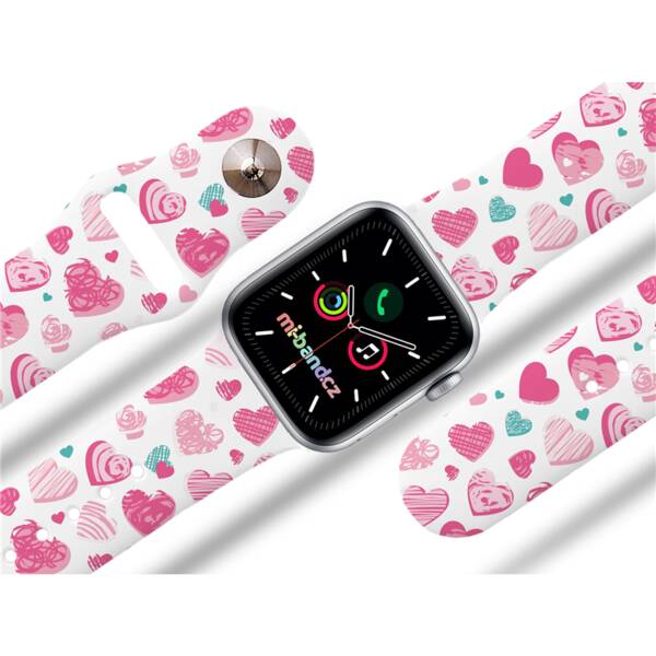 Řemínek Mi-Band na Apple Watch 42/44/45/49 mm - motiv Růžová a modrá srdíčka, bílý 

