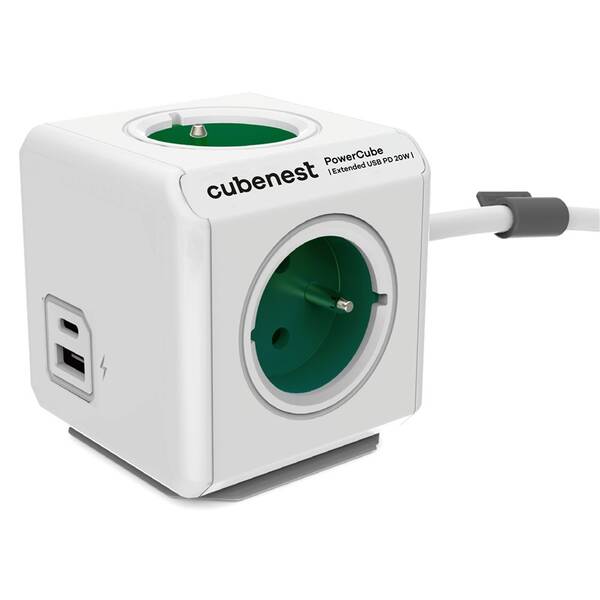 Kabel prodlužovací Cubenest Powercube Extended USB PD 20W, USB, USB-C, 4x zásuvka, 1,5m bílý/zelený

