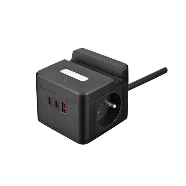 Kabel prodlužovací Viking YC23HB, 2x zásuvka, 1x USB-A, 2x USB-C, světlo, vypínač, stojánek, 1,4m černý

