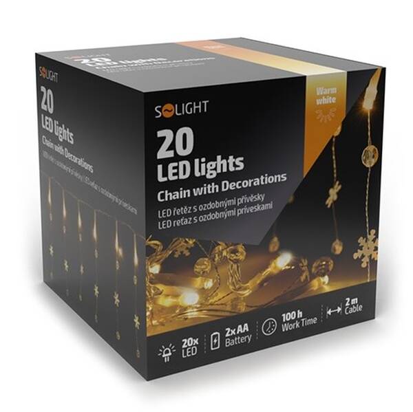 Vánoční osvětlení Solight řetěz s ozdobnými přívěšky 20LED, 2m, 2x AA 


