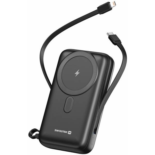 Powerbanka Swissten 20000 mAh, PD 20W s integrovanými kabely USB-C a Lightning, MagSafe černá

