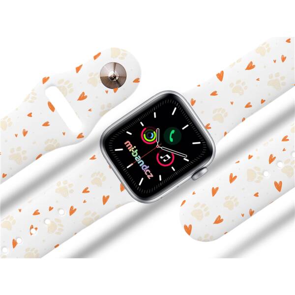 Řemínek Mi-Band na Apple Watch 42/44/45/49 mm - motiv Tlapičky se srdíčky, bílý 

