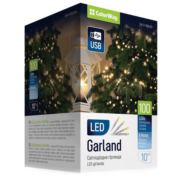 Vánoční osvětlení ColorWay vnitřní, 100 LED, USB, 10m, teplá bílá 

