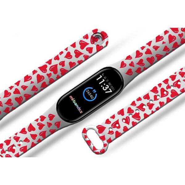Řemínek Mi-Band na Xiaomi Mi Band 5/6 - motiv Červená srdíčka, bílý 

