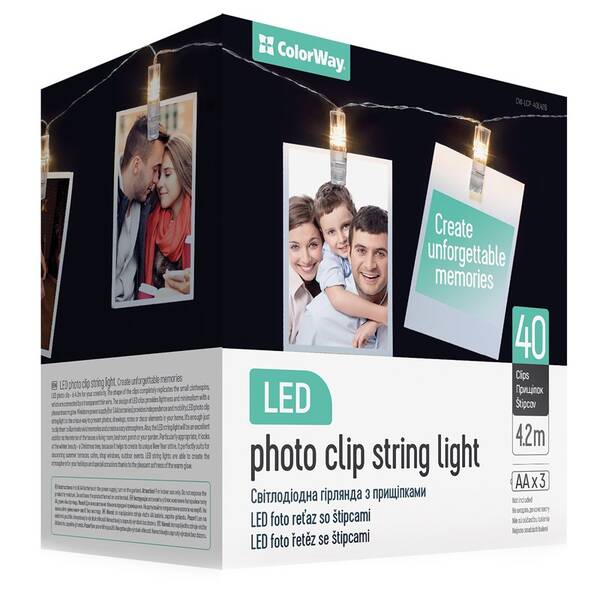 LED fotokolíčky ColorWay 40 kolíčků, délka 4,2m, 3x AA, teplá bílá 

