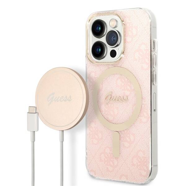 Kryt na mobil Guess 4G MagSafe na Apple iPhone 14 Pro + bezdrátová nabíječka růžový

