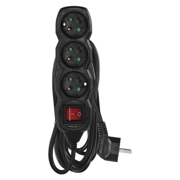 Kabel prodlužovací EMOS 3x zásuvka, vypínač, 5m černá


