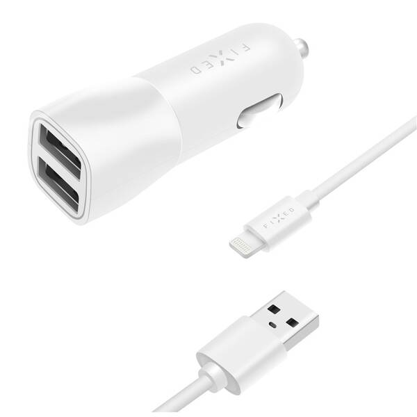 Adaptér do auta FIXED 2x USB, 15W Smart Rapid Charge + Lightning MFi kabel 1m bílý

