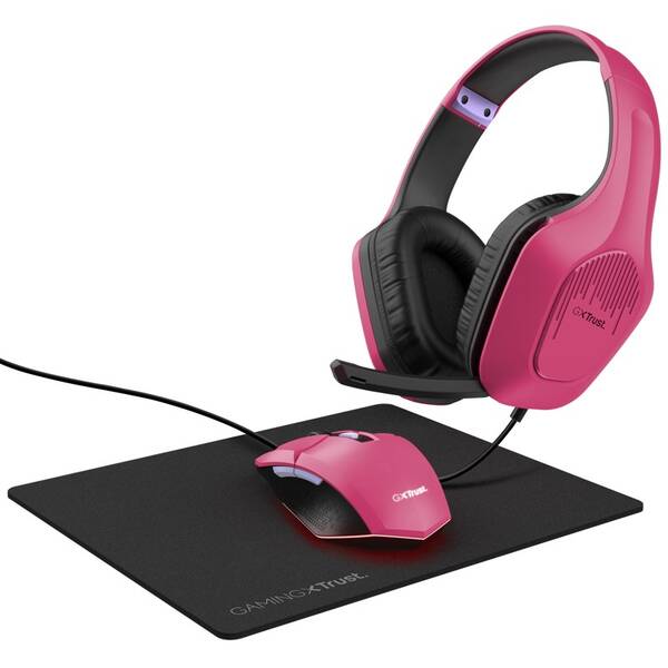 Herní set Trust GXT 790 3v1, headset + myš + podložka pod myš růžová barva
