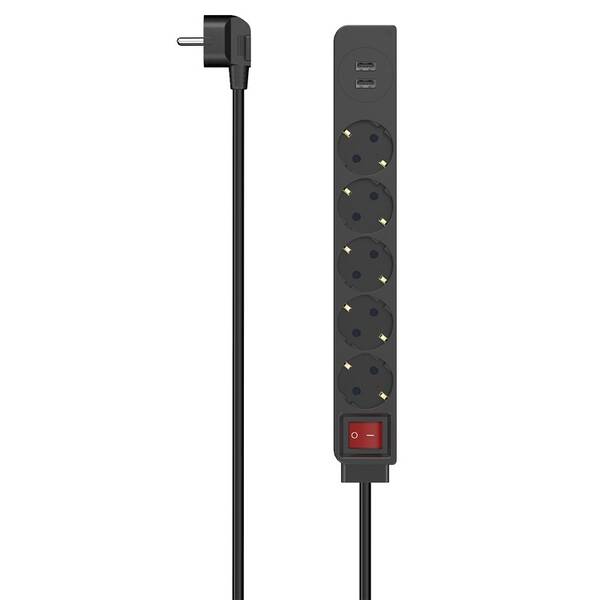 Kabel prodlužovací Hama 5x zásuvka schuko, 2x USB-A, vypínač, 1,4 m černý

