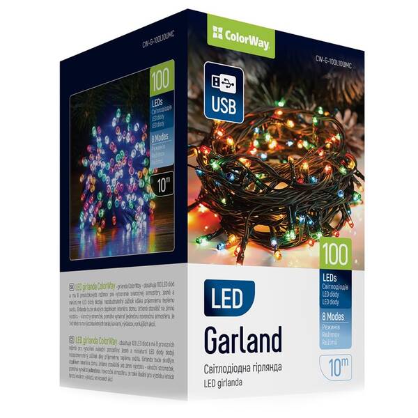 Vánoční osvětlení ColorWay vnitřní, 100 LED, USB, 10m, vícebarevné 

