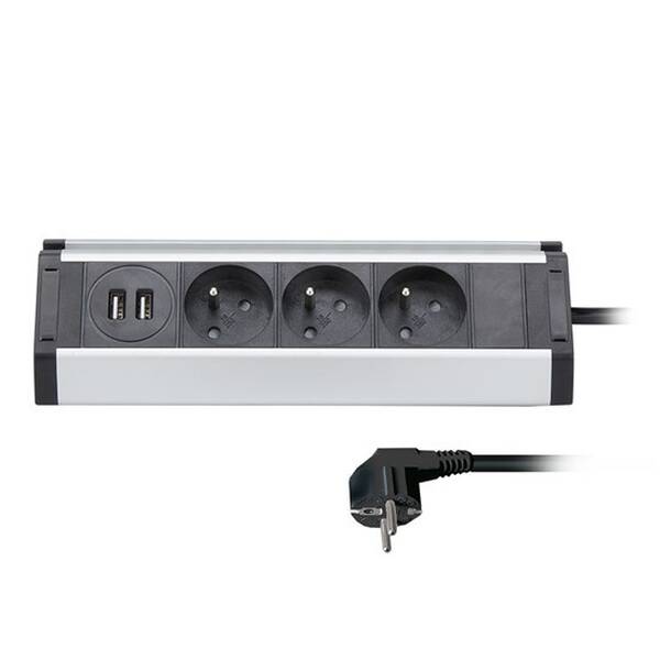 Kabel prodlužovací Solight 3x zásuvka, 2x USB, rohový design, 1,5m stříbrný

