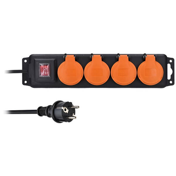 Kabel prodlužovací Solight 4 zásuvky, vypínač, venkovní, IP44,  3m černý

