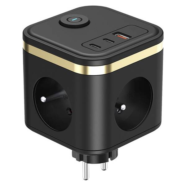 Rozbočovací zásuvka Viking Y33B, 3x zásuvka, 1x USB-A, 2x USB-C, vypínač černá

