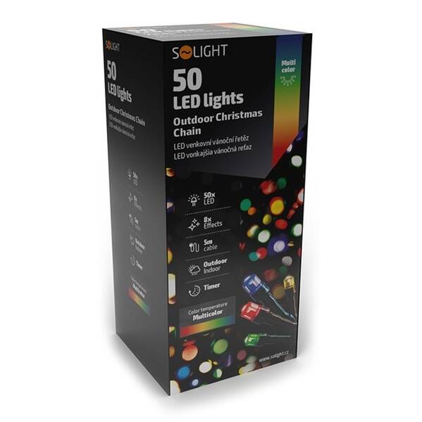Vánoční osvětlení Solight řetěz, 50 LED, 5+3m, 8 funkcí, časovač, IP44, vícebarevný 

