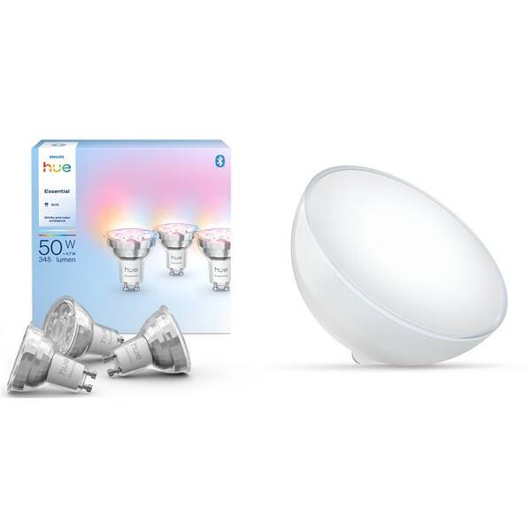 Chytrá žárovka Philips Essential Bluetooth, 4,7 W, GU10, White and Color Ambiance (3 ks) + Stolní LED lampička Philips Hue Go Bluetooth White and Color Ambiance 

