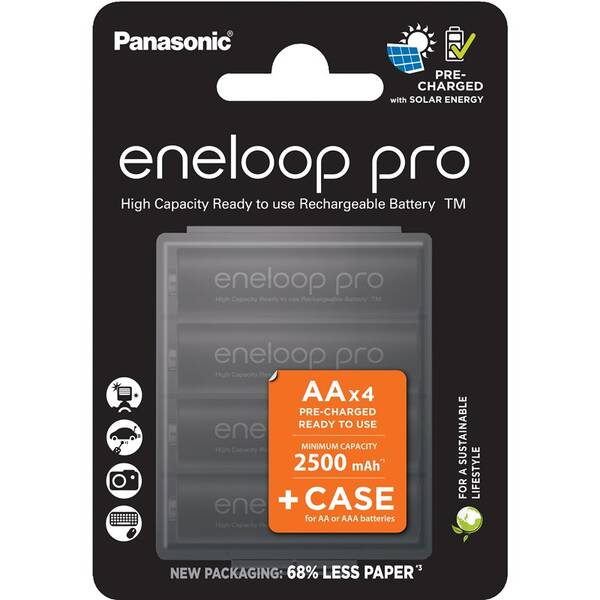 Baterie nabíjecí Panasonic Eneloop Pro AA, HR06, 2500mAh, Ni-MH, blistr 4ks + Cestovní pouzdro na 4ks nabíjecích baterii 

