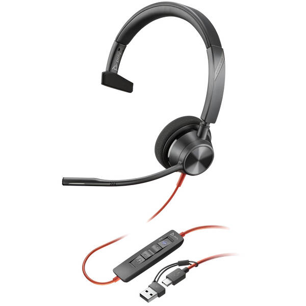 Headset HP Poly Blackwire 3310 MS, USB-C/A adaptér, mono černý

