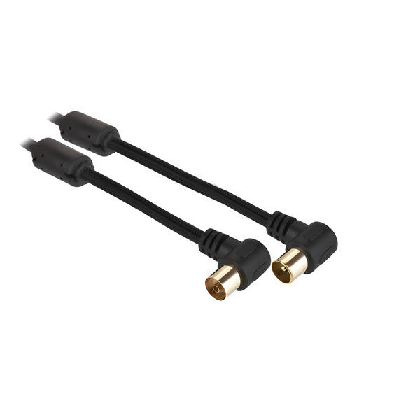 Koaxiální kabel GoGEN 5m, pozlacený, opletený, feritový filtr, 90° úhlový konektor černý

