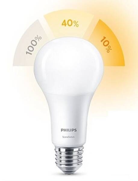 Žárovka LED Philips SceneSwitch, klasik, 3,5 – 7 – 14 W, E27, teplá bílá 


