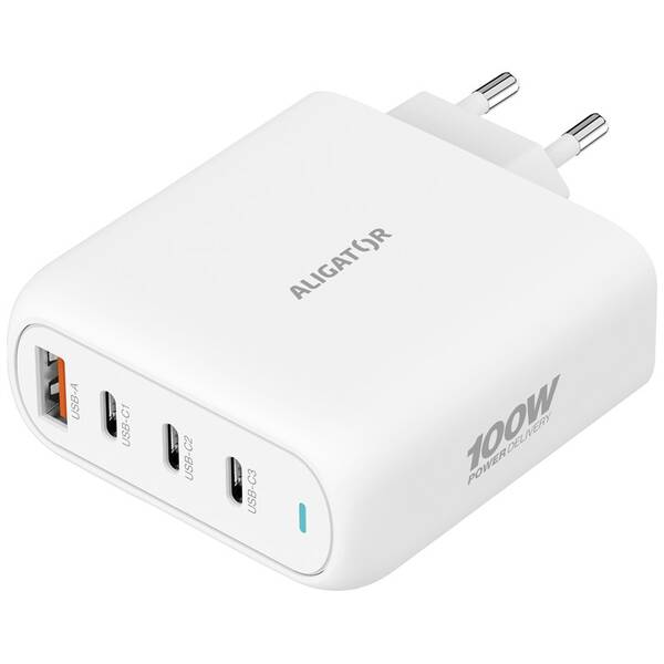 Nabíječka do sítě Aligator Power Delivery 100W, 3× USB-C + 1× USB-A bílá

