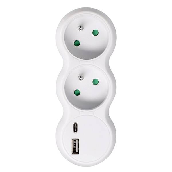 Rozbočovací zásuvka Solight 2 x 10A, USB A+C rychlonabíječka 20W PD bílá

