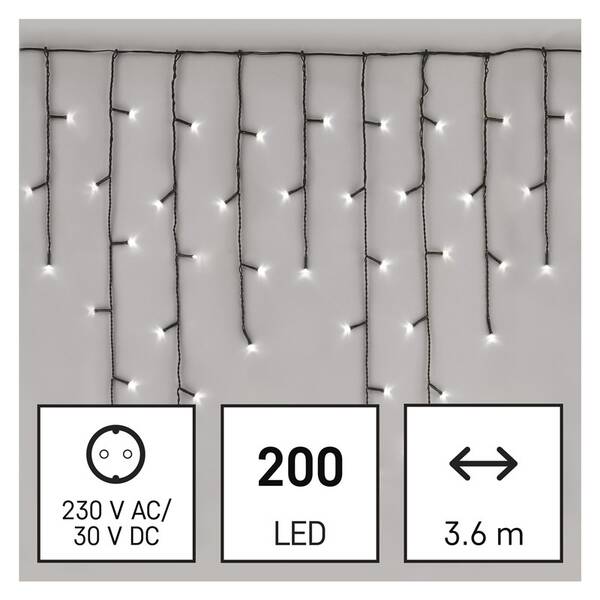Vánoční osvětlení EMOS 200 LED rampouchy, 3,6 m, venkovní i vnitřní, studená bílá, programy 


