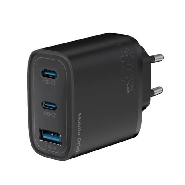 Nabíječka do sítě Mobile Origin GaN 40W MO13, 1x USB-A,  2xUSB-C černá

