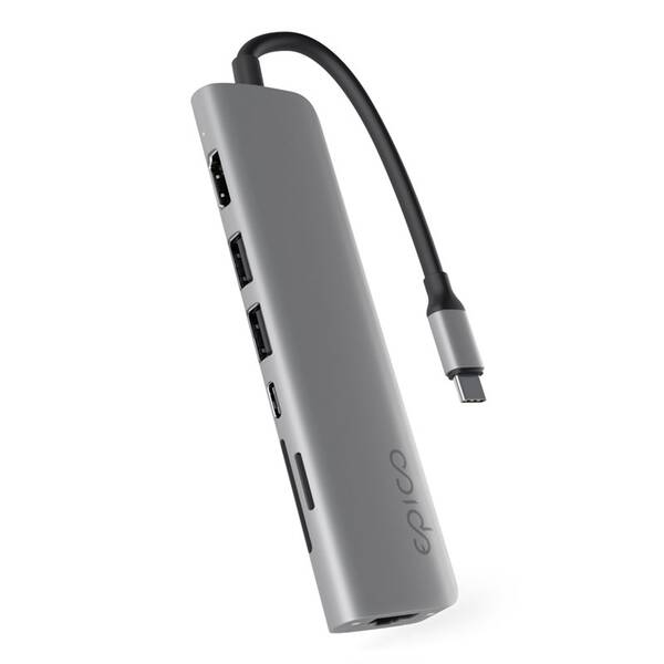 USB Hub Epico 7in1 Multimedia 8K USB-C/1× USB-C, 2× USB 2.0, HDMI, LAN, microSD, SD šedý

