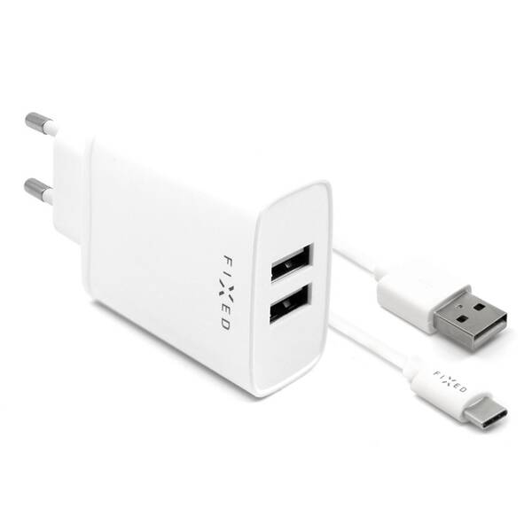 Nabíječka do sítě FIXED 2x USB, 15W Smart Rapid Charge + USB-C kabel 1m bílá


