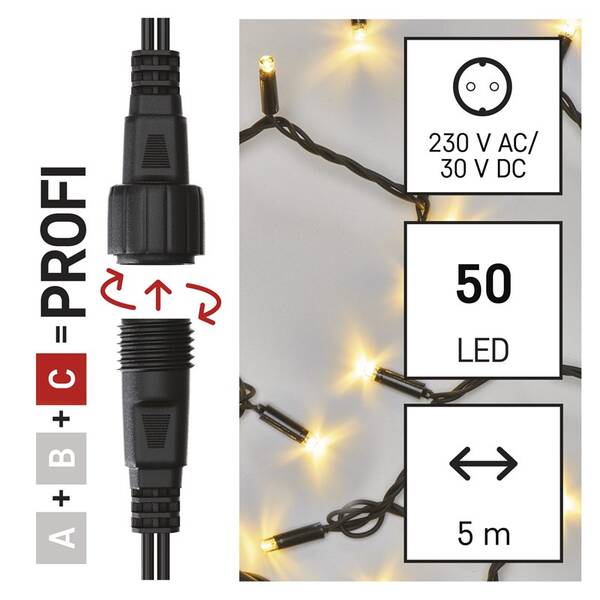 Spojovací řetěz EMOS 50 LED Profi černý, 5 m, venkovní i vnitřní, teplá bílá, časovač 

