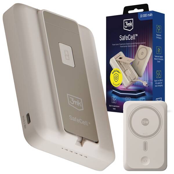 Powerbanka 3mk SafeCell 4in1 Semi-Solid 10000 mAh, 22.5 W, MagSafe, nabíjení Apple Watch béžová

