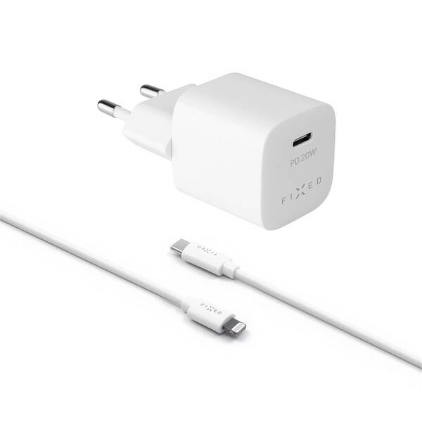 Nabíječka do sítě FIXED Mini USB-C PD 20W, MFI + Lightning kabel 1m bílá

