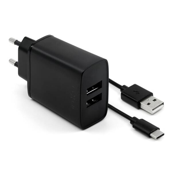 Nabíječka do sítě FIXED 2x USB, 15W Smart Rapid Charge + USB-C kabel 1m černá

