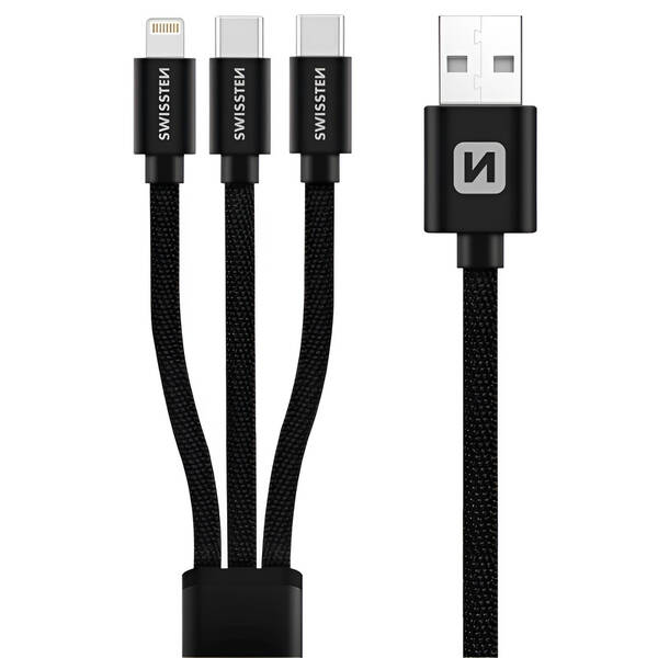 Kabel Swissten 3v1, USB/2x USB-C, Lightning, 1,2 m černý


