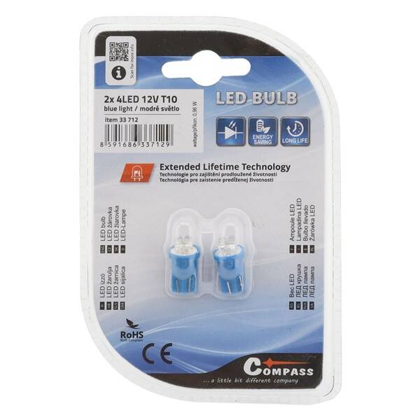 Autožárovka Compass 33712 4LED 12V T10 modrá  (2 ks) 

