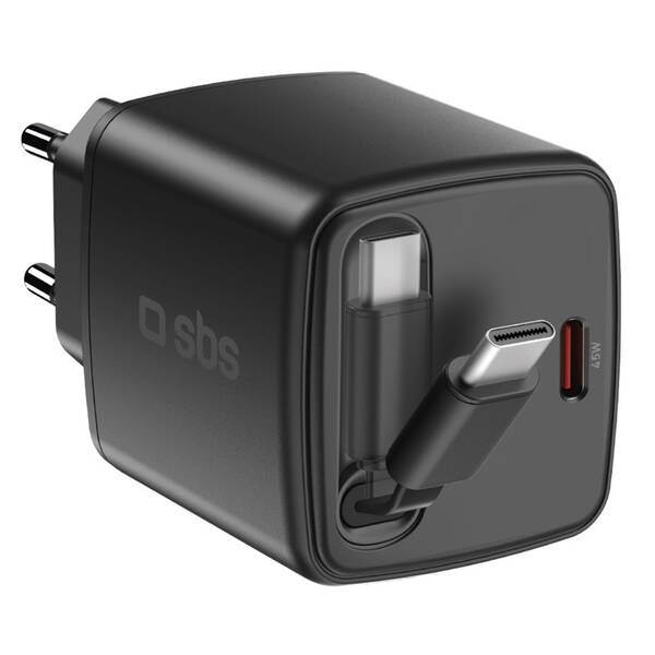 Nabíječka do sítě SBS USB-C, PD, 45 W, integrovaný USB-C kabel 0,75 m černá

