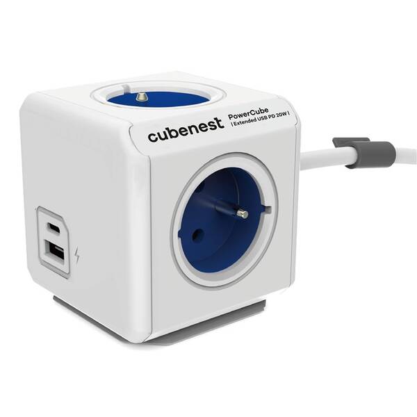 Kabel prodlužovací Cubenest Powercube Extended USB PD 20W, USB, USB-C, 4x zásuvka, 1,5m bílý/modrý

