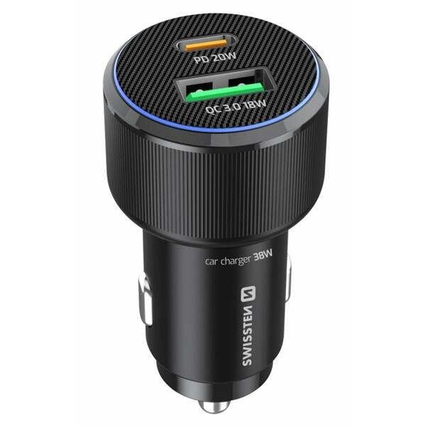 Adaptér do auta Swissten USB-C PD + USB-A, 38W černý

