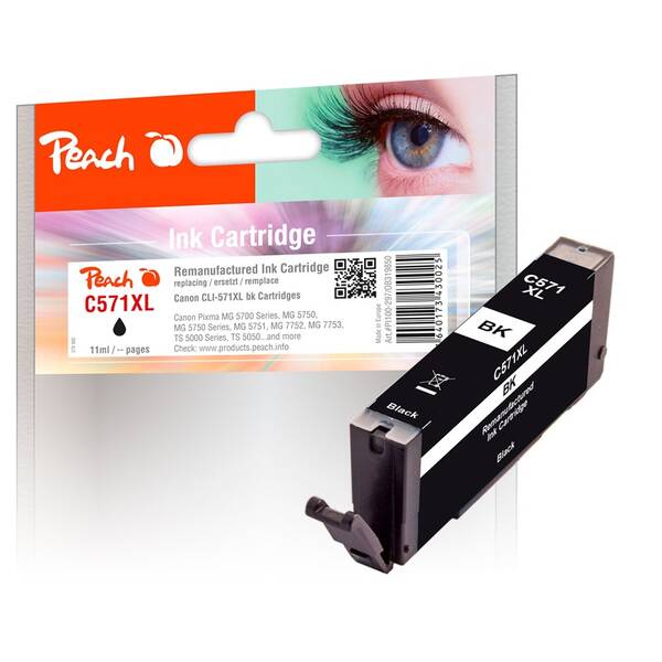Inkoustová náplň Peach Canon CLI-571XLB, 11ml černá

