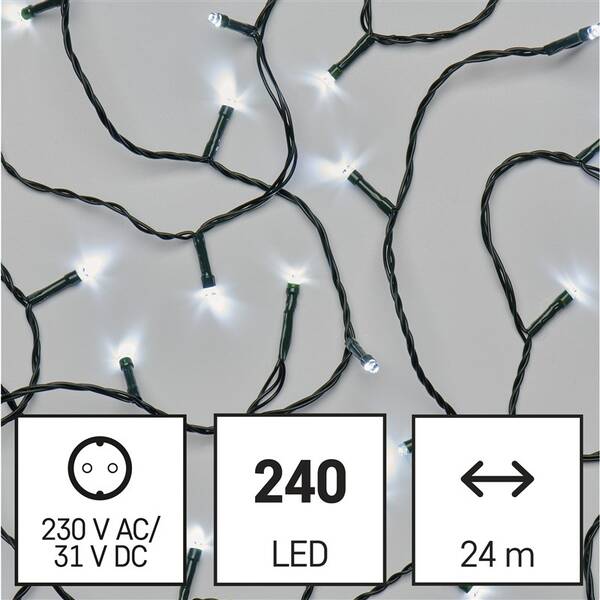 LED řetěz EMOS 240LED řetěz, 24 m, venkovní i vnitřní, studená bílá, programy, časovač 

