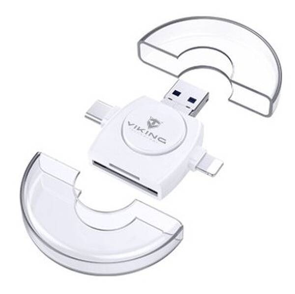 Čtečka paměťových karet Viking SD, Micro SD 4v1, OTG, s koncovkou Lightning/Micro USB/USB 3.0/USB-C bílá

