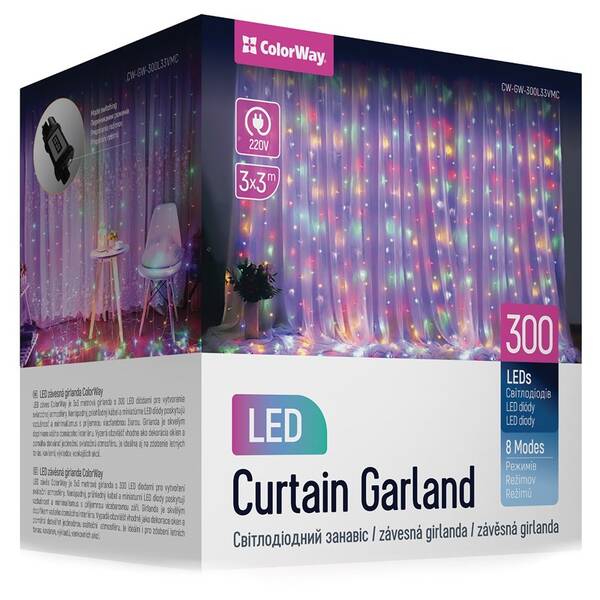 Vánoční osvětlení ColorWay vnitřní, 300 LED, 3× 3m, 220–240V AC, vícebarevné 

