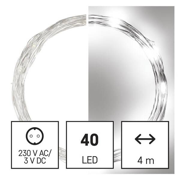 Vánoční osvětlení EMOS 40 LED nano řetěz stříbrný, 4 m, venkovní i vnitřní, studená bílá, časovač 

