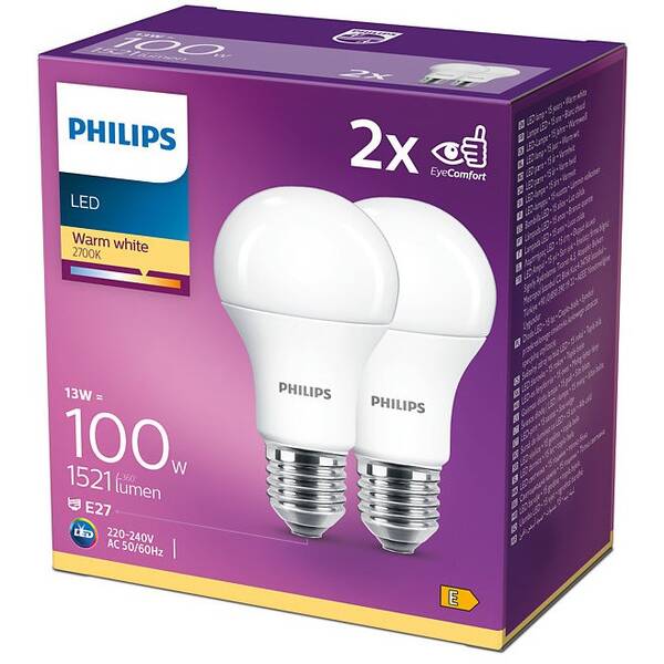 Žárovka LED Philips klasik, 13W, E27, teplá bílá, 2ks 

