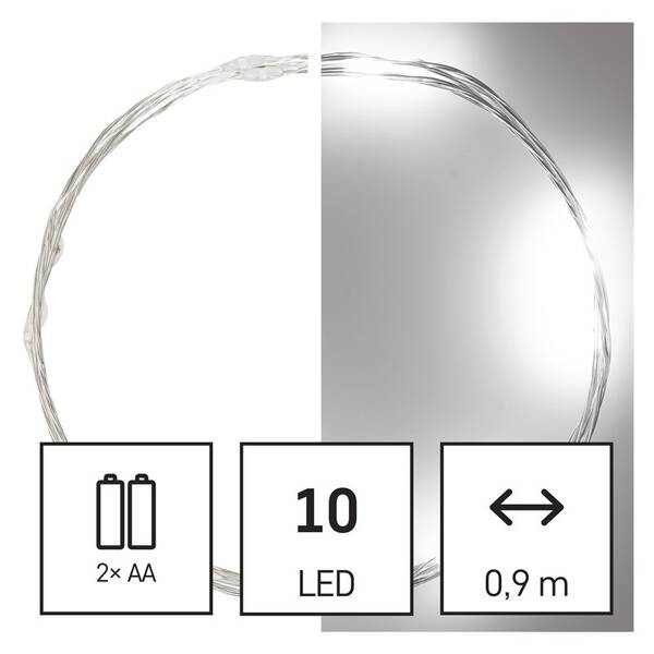 Vánoční osvětlení EMOS 10 LED nano řetěz stříbrný, 0,9 m, 2x AA, vnitřní, studená bílá, časovač 

