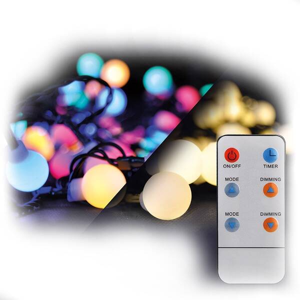 Vánoční osvětlení Solight řetěz - koule, 100LED, RGB+bílá, 10m, 8 funkcí, IP44 

